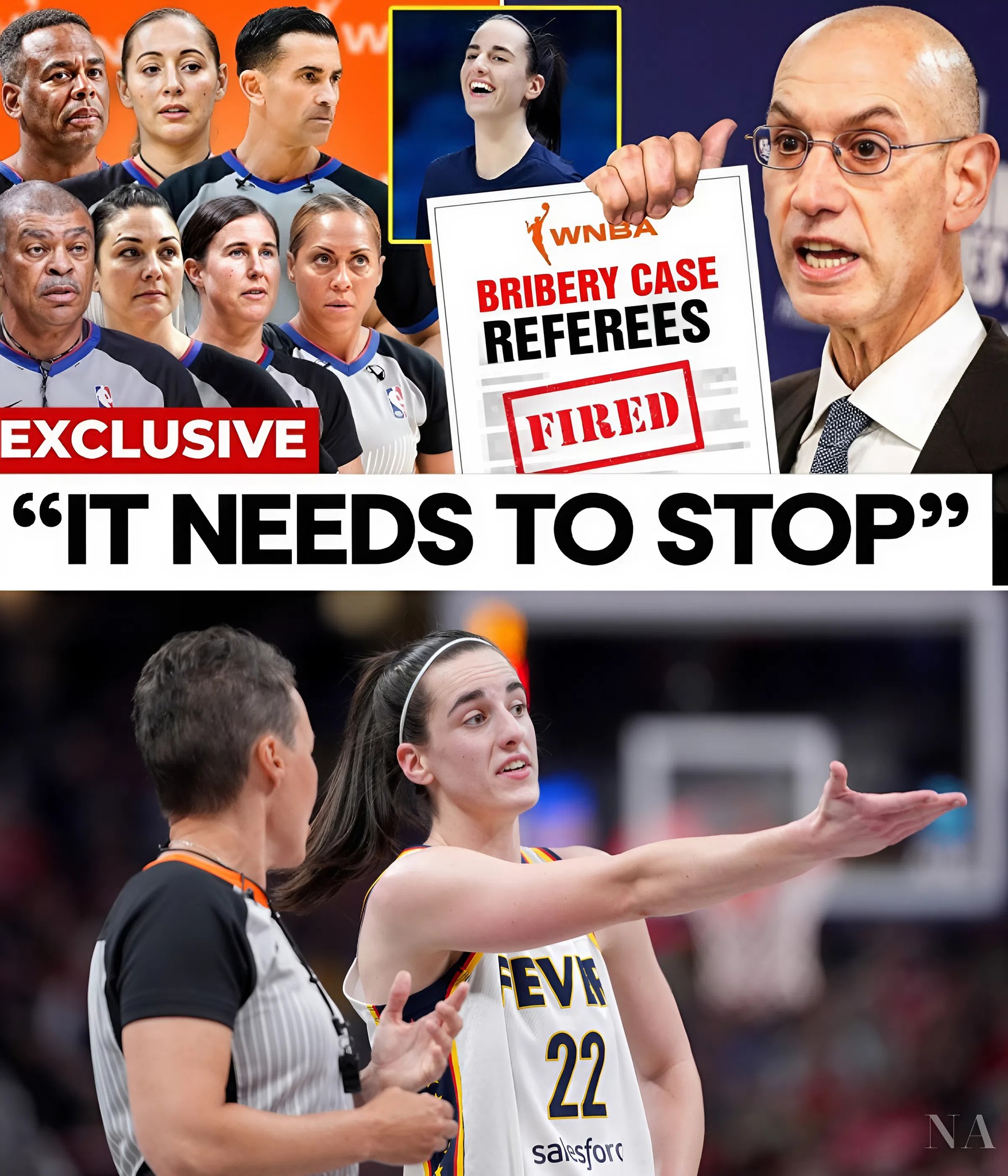 May be an image of 7 people, people playing basketball and text that says '(WNBA BRIBERY CASE REFEREES EXCLUSIVE FIRED "IT NEEDS To STOP" FEVN 22 saiesforr'