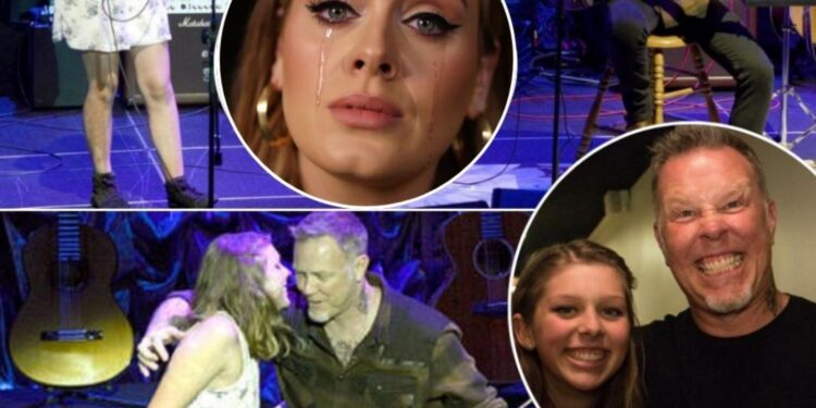 James Hetfield ditched his metal growl for something straight-up magical, and it’s got the whole world sobbing! Nobody expected this: the Metallica legend grabbed an acoustic guitar, eyes glistening with tears, and stood shoulder-to-shoulder with his daughter Cali for a heart-wrenching cover of Adele’s “Crazy For You.” Their father-daughter duet is pure fire, lighting up the internet with raw emotion. Cali’s voice, like something out of a dream, soared while James layered in soft, soulful harmonies, showing a tender side that’ll make your jaw drop. And get this—Adele was right there in the crowd, losing it! When the final note hit, she screamed, “THIS IS ABSOLUTELY STUNNING!” This wasn’t just a song—it was a gut-punch love letter from a dad to his daughter, a moment so real and powerful it’s got everyone’s hearts in a chokehold