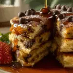 Stack of chocolate chip cottage cheese pancakes with Greek yogurt and berries