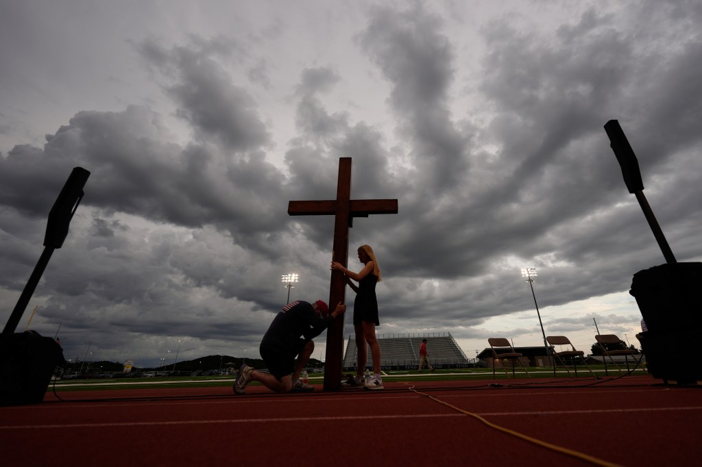 Vigil for flood victims at Tivy Antler Stadium in Kerrville, Texas.