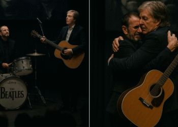 On the empty stage of a memorial night, only Ringo Starr’s familiar drumming echoed through the silence. He lifted his gaze toward the giant portraits of John Lennon and George Harrison, friends long gone—his eyes glistened with tears, yet a gentle smile lingered on his lips. Paul McCartney stepped forward, guitar in hand, and in that instant, the audience was carried back in time—to the era when The Beatles shook the world. They sang timeless songs, but each note now carried the weight of longing. John was gone, George too, yet their music lived on. Ringo and Paul knew they weren’t just singing for the crowd, but for their brothers who had departed. The entire hall rose to their feet, and not a single clap was heard—only tears falling in harmony with the immortal melody.
