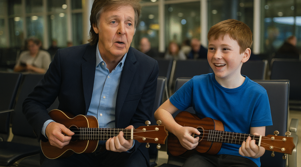 Paul McCartney was spotted sitting quietly when a young boy began strumming “Yesterday” on his ukulele. To the astonishment of fellow travelers, Paul politely asked to borrow the instrument and joined in for an impromptu duet. The spontaneous performance turned the bustling terminal into an intimate concert hall, with onlookers pulling out their phones to capture the magic. Eyewitnesses describe the scene as heartwarming, with smiles, applause, and a few happy tears all around. Sources reveal that Paul chatted with the boy afterward, praising his talent and encouraging him to keep playing. Social media quickly exploded with videos of the heart-melting encounter, spreading joy worldwide. By the end, the airport was buzzing not just with travelers, but with the unforgettable thrill of witnessing a Beatle live, up close, and unplanned.