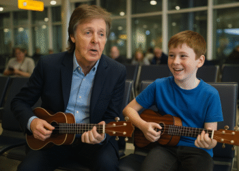 Paul McCartney was spotted sitting quietly when a young boy began strumming “Yesterday” on his ukulele. To the astonishment of fellow travelers, Paul politely asked to borrow the instrument and joined in for an impromptu duet. The spontaneous performance turned the bustling terminal into an intimate concert hall, with onlookers pulling out their phones to capture the magic. Eyewitnesses describe the scene as heartwarming, with smiles, applause, and a few happy tears all around. Sources reveal that Paul chatted with the boy afterward, praising his talent and encouraging him to keep playing. Social media quickly exploded with videos of the heart-melting encounter, spreading joy worldwide. By the end, the airport was buzzing not just with travelers, but with the unforgettable thrill of witnessing a Beatle live, up close, and unplanned.