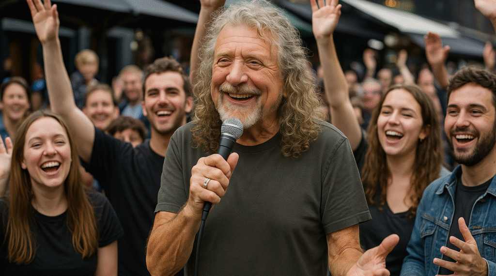In a magical street-side encounter at Camden Market, Robert Plant was spotted smiling as a group of fans passionately sang “Stairway to Heaven.” To everyone’s amazement, he gently took their microphone and delivered the soaring final notes himself, leaving the crowd stunned and exhilarated. Eyewitnesses say his warmth and spontaneity created an unforgettable, intimate moment that blurred the line between rock legend and everyday fan. Clips of the unexpected duet quickly spread across social media, garnering millions of views and leaving fans around the world in awe. Sources reveal Robert chatted and laughed with the fans afterward, soaking in their excitement and admiration. Insider accounts hint at playful gestures and nods that made the performance feel personal yet epic. By the end, Camden Market buzzed not just with music, but with the pure thrill of a once-in-a-lifetime rock encounter.